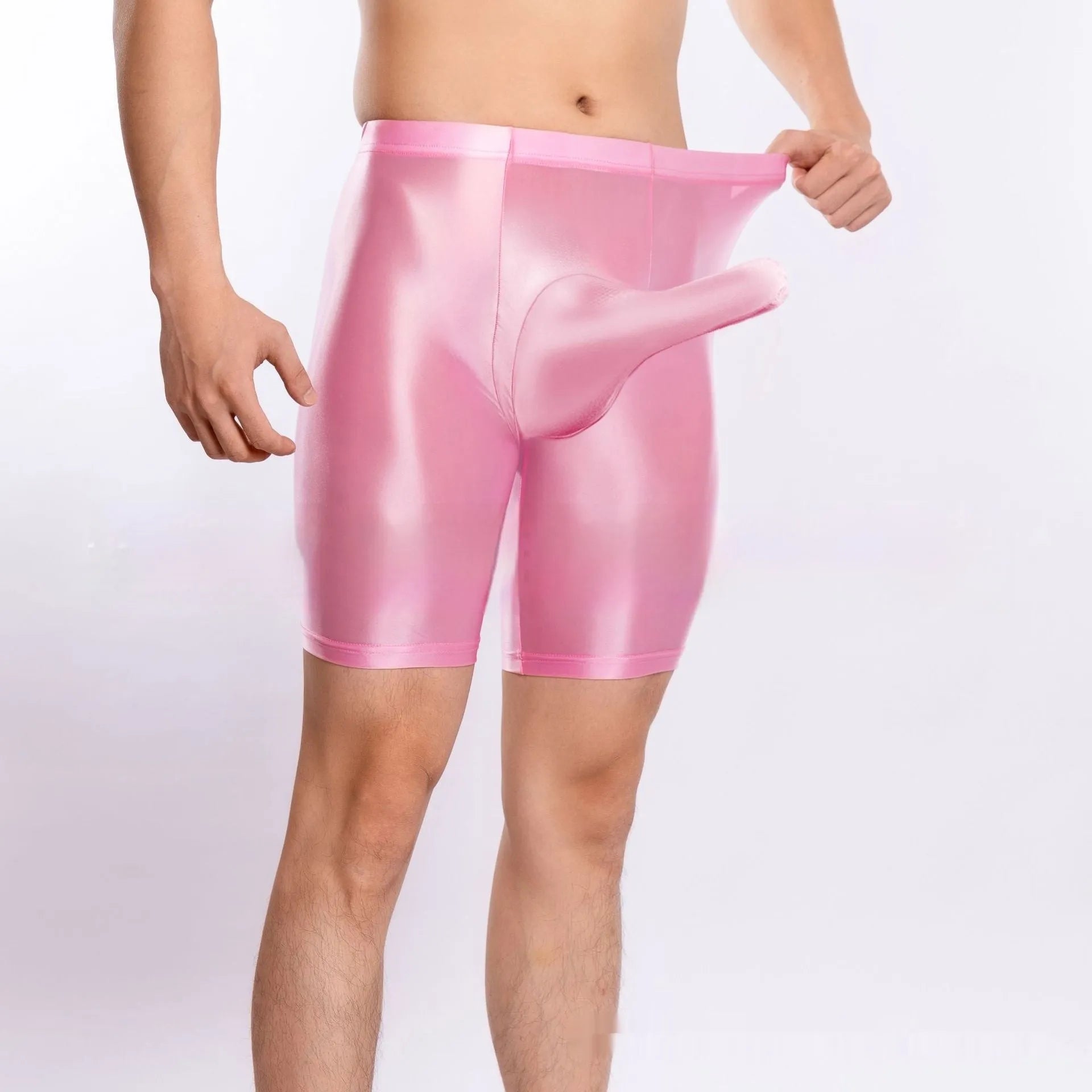 Man's shiny silky plus size sports shorts in nylon, shown in multiple colours including fluorescent green.