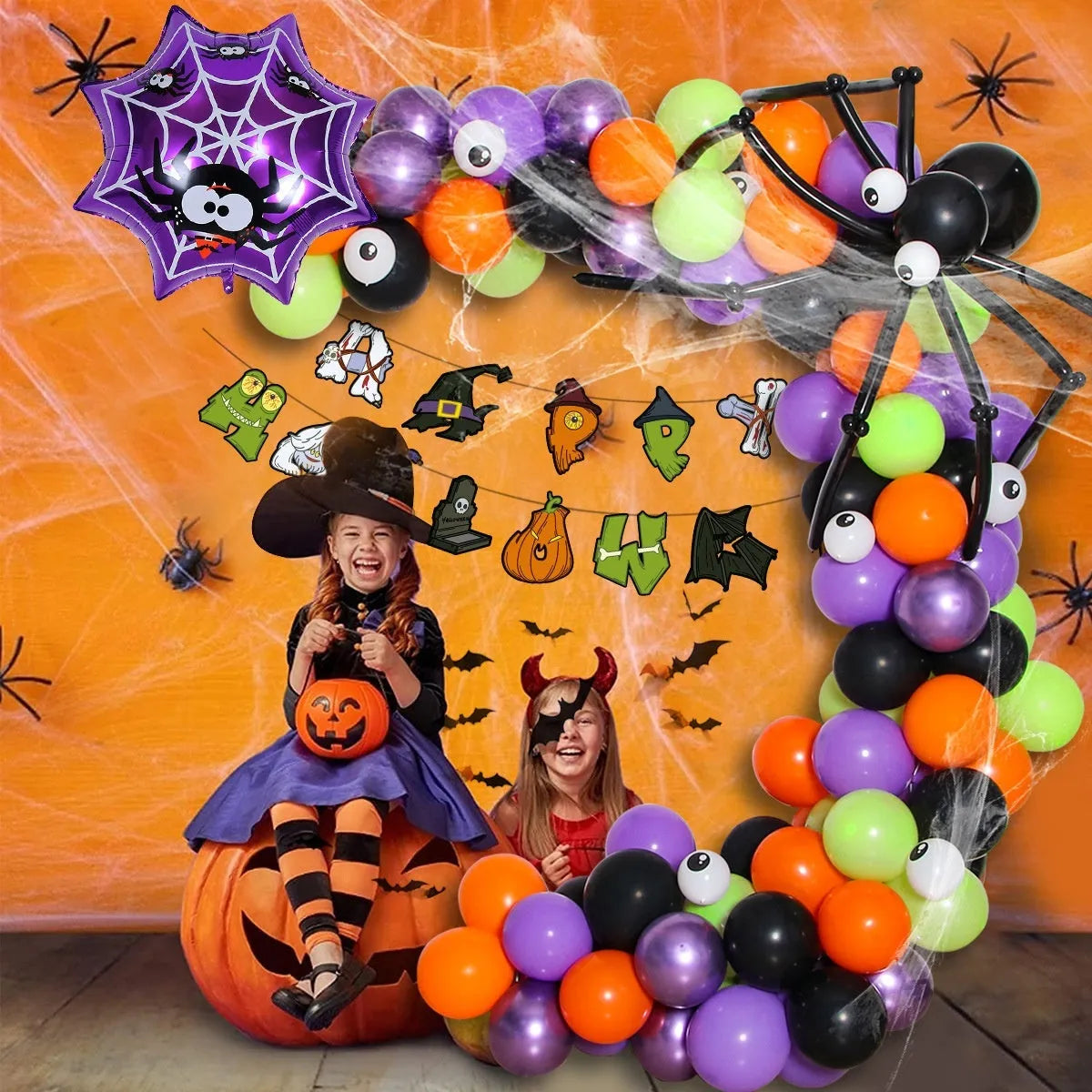 Halloween balloon set with skull and pumpkin designs in white and black colours