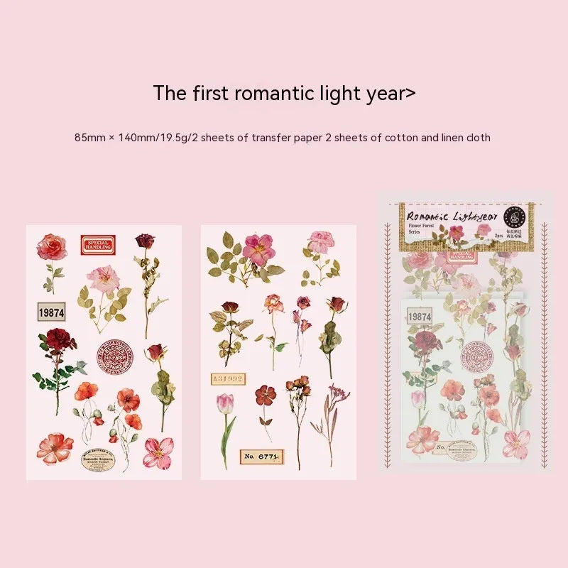 Huazhisen Series forest art style sticker pack showing 85x180mm transfer paper sheets with floral and forest designs