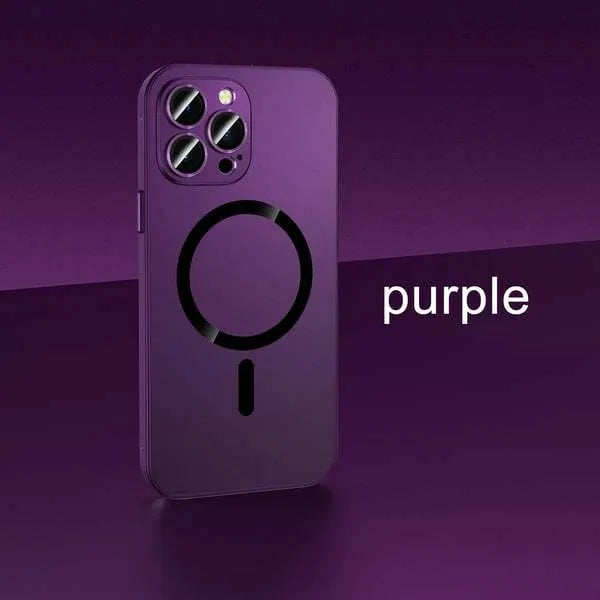 Aluminium alloy and PC magnetic protective case for iPhone in dark purple with nickel piece.