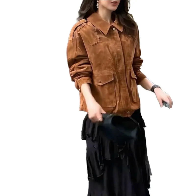 Women's suede street chic coat with regular sleeves in brown colour