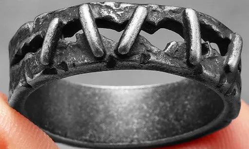 Stainless steel punk style double band ring showing stitching design details