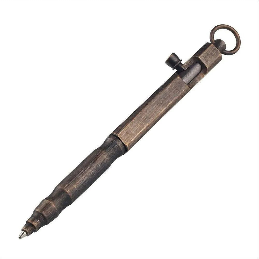 Solid brass tactical pen with hexagonal bolt design in vintage machine gun style on black background.