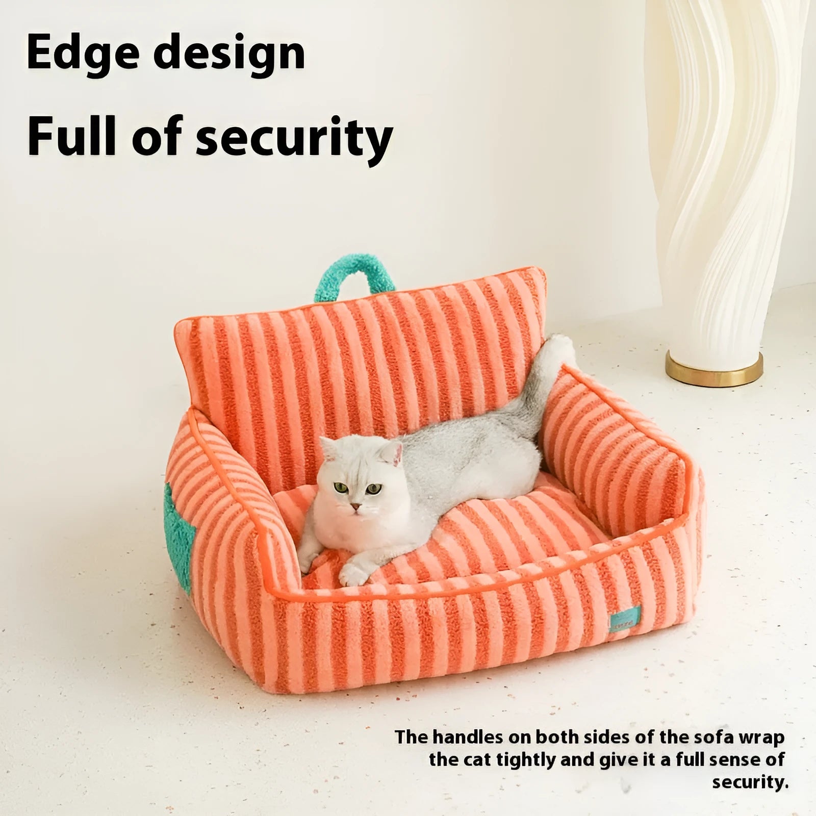 Striped plush dog bed in yellow, orange or purple colours with removable washable design