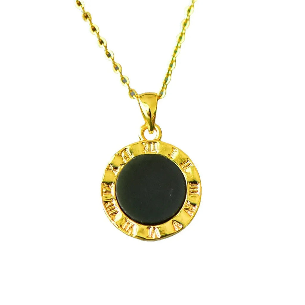 Flat copper inlaid pendant with natural ink blue Hetian jade stone on a necklace.