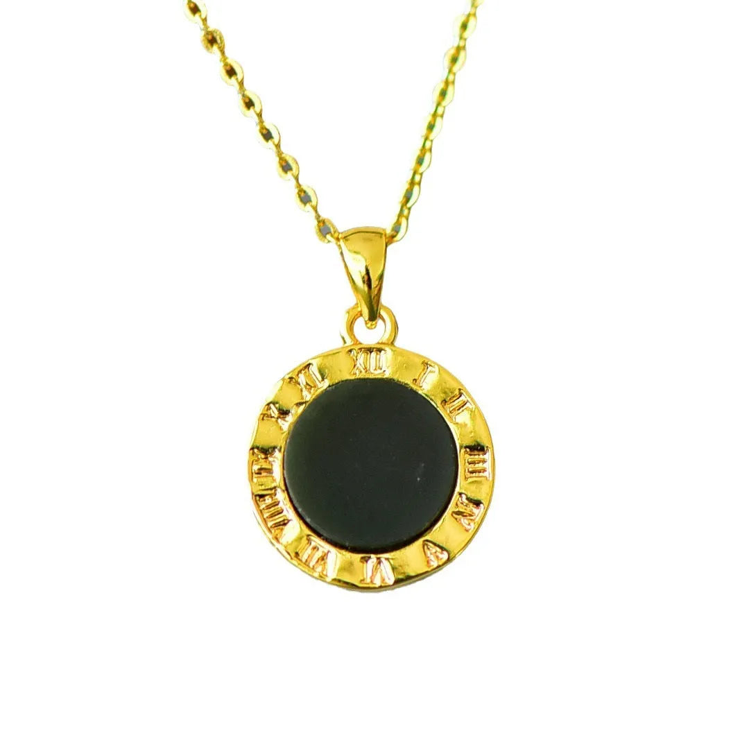 Flat copper inlaid pendant with natural ink blue Hetian jade stone on a necklace.