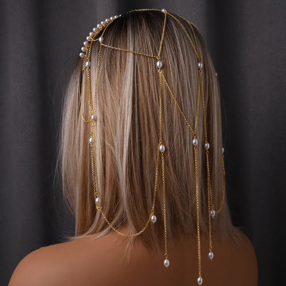 Mesh tassel hair chain with pearl decoration in gold or silver colour