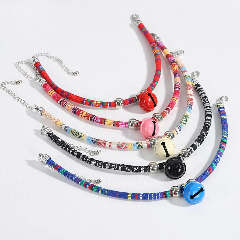 Ethnic style pet collar with bell necklace in colourful band design for cats and small dogs