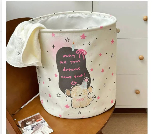 Foldable cotton cloth laundry basket in good night bear colour pattern showing large capacity design