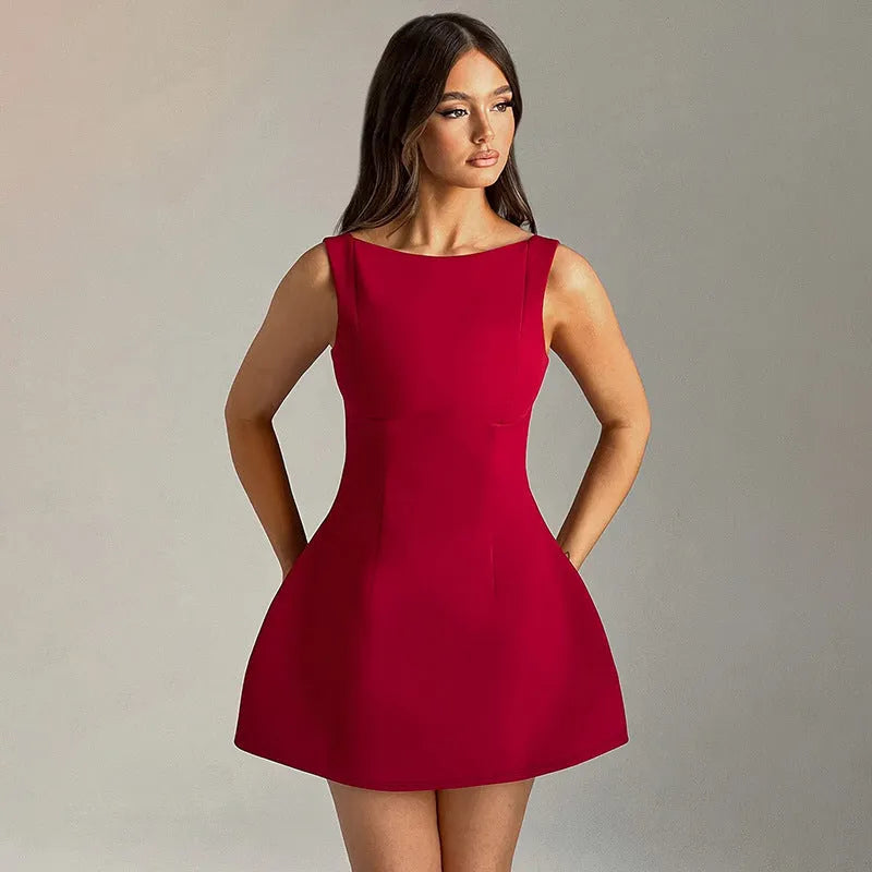 Backless slim-fitting sleeveless summer dress in polyester fabric on a hanger