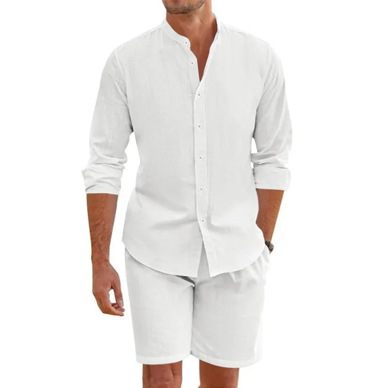 Men's dark grey linen blend short sleeve shirt and drawstring shorts casual summer suit set