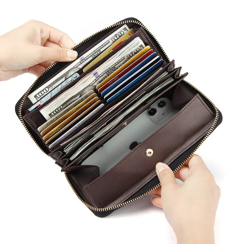 Women's genuine leather long wallet in solid colour with large capacity and anti-theft card swipe