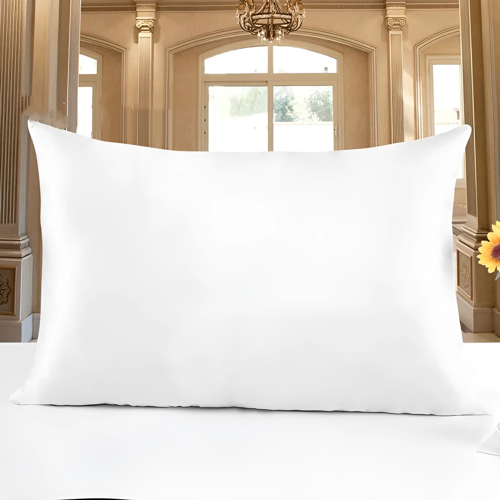 19 M double-sided Mulberry silk pillowcase in apricot colour, shown in three size options.
