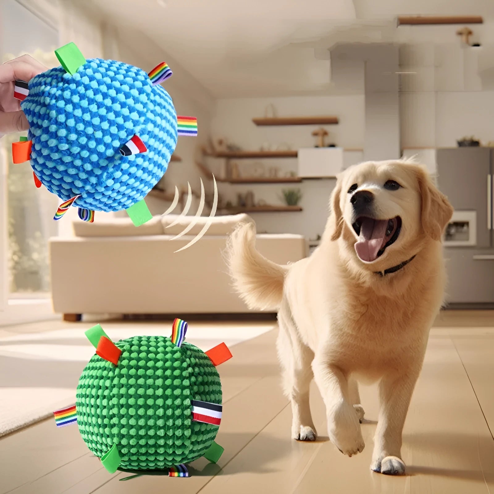 Blue and yellow textured pineapple lattice dog ball toy measuring 17cm in diameter.