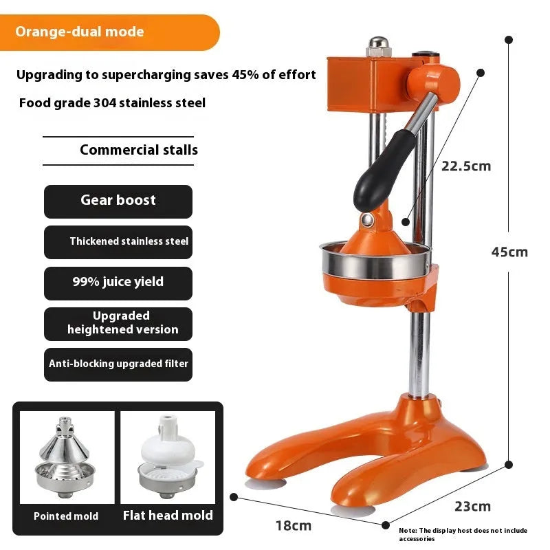 Vertical stainless steel manual juicer on zinc alloy base, showing colour and head style options.