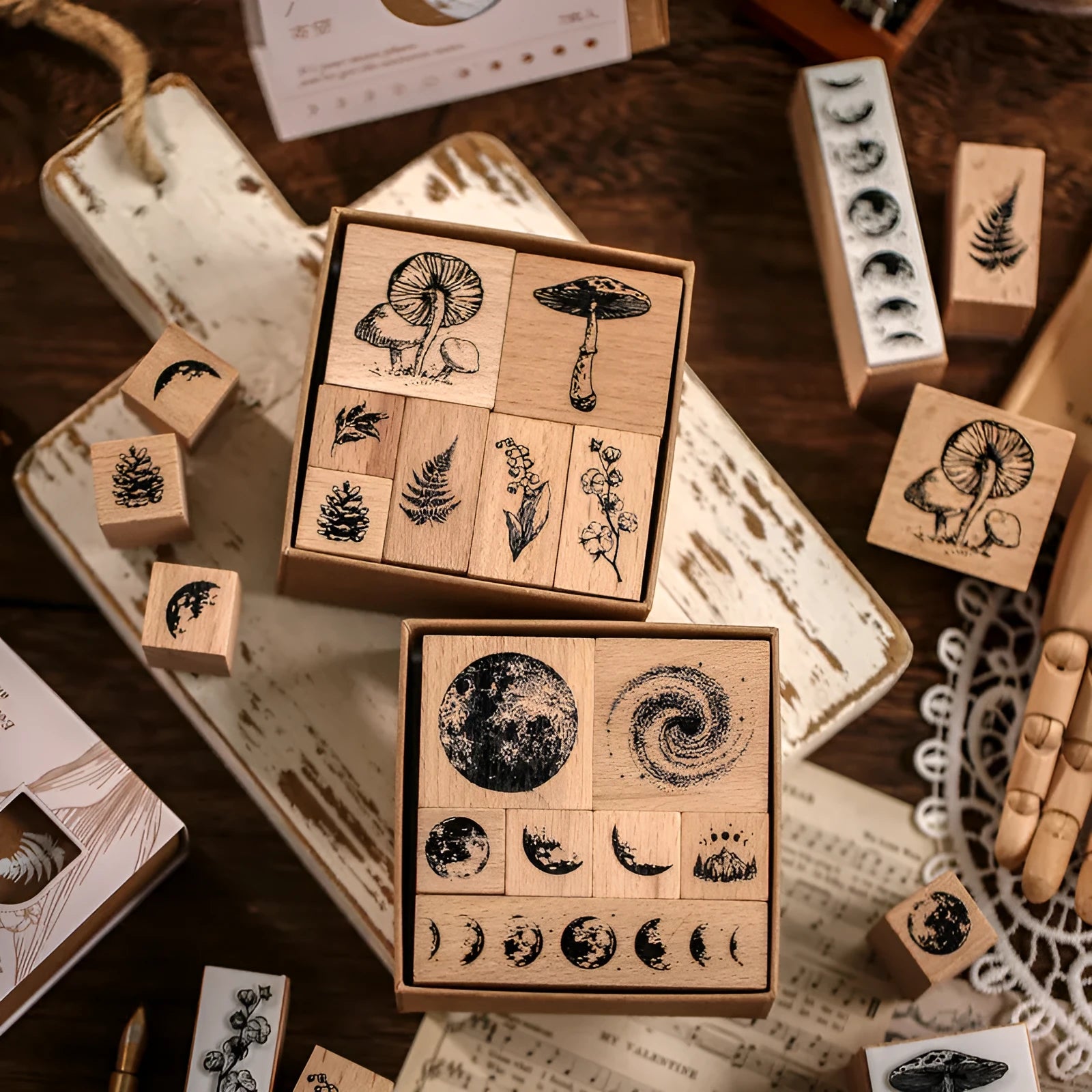 Mr Paper wooden seal suit with seven vintage handmade stamps for decorative journaling
