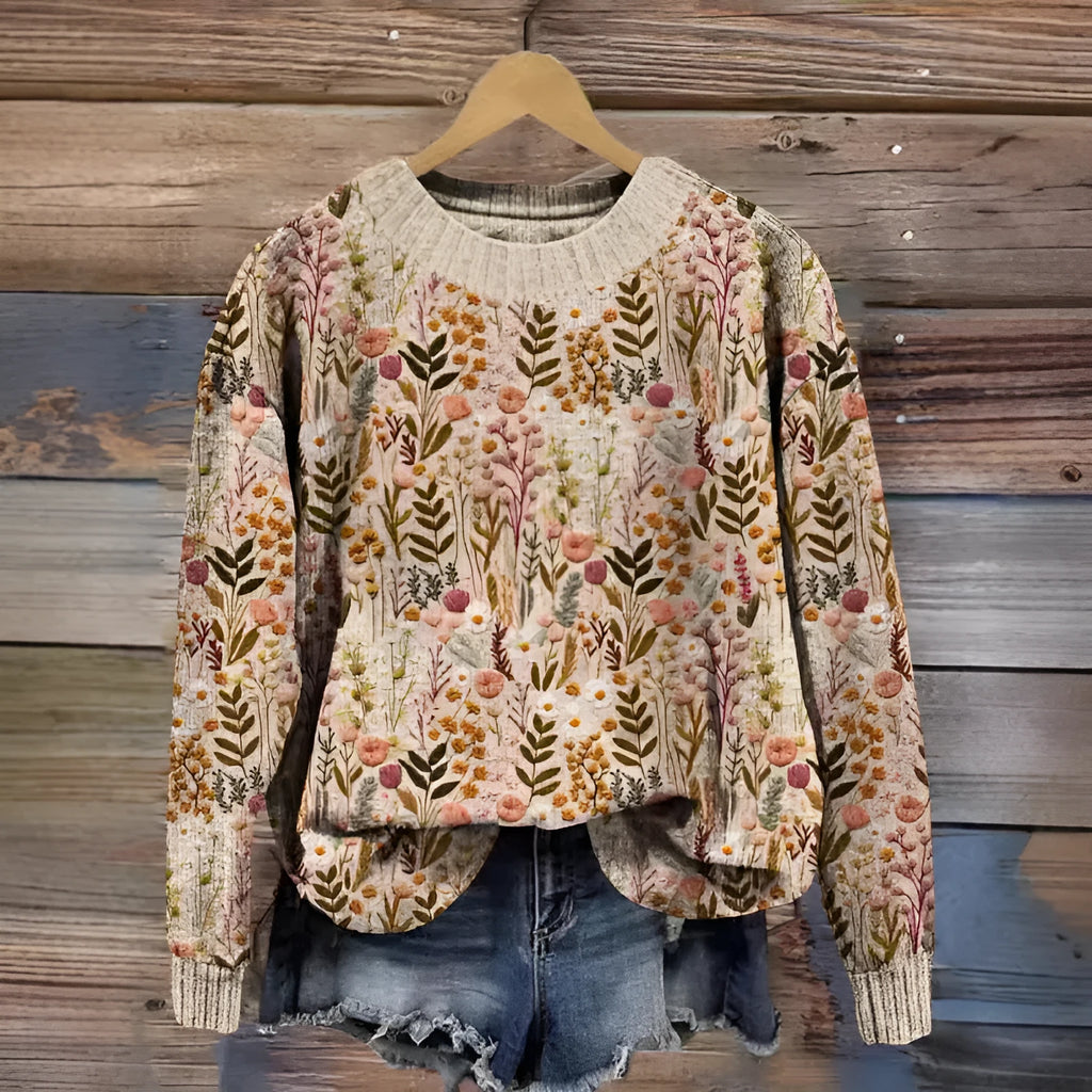Little Flower digital printed round neck sweater in polyester, shown on a hanger.