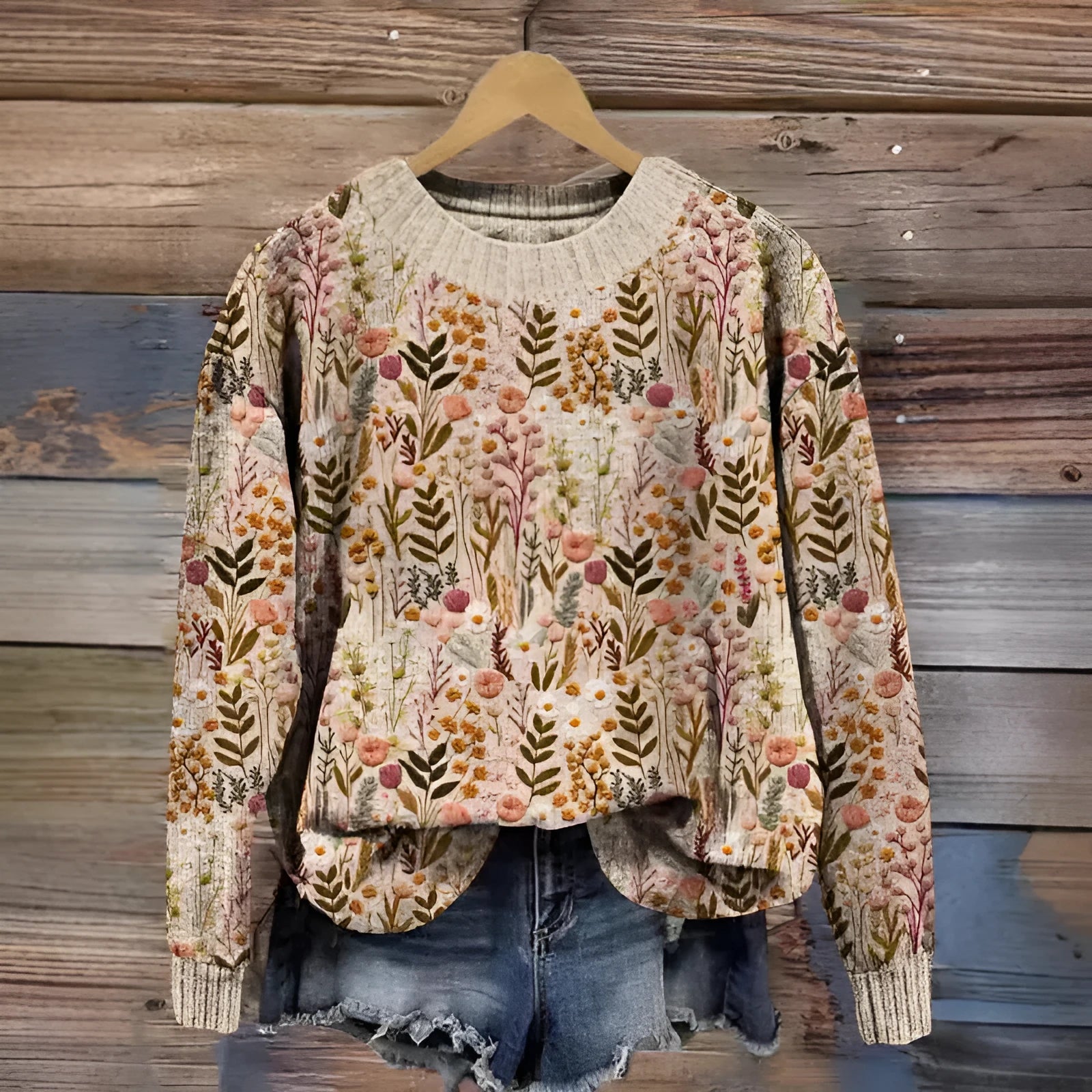 Little Flower digital printed round neck sweater in polyester, shown on a hanger.