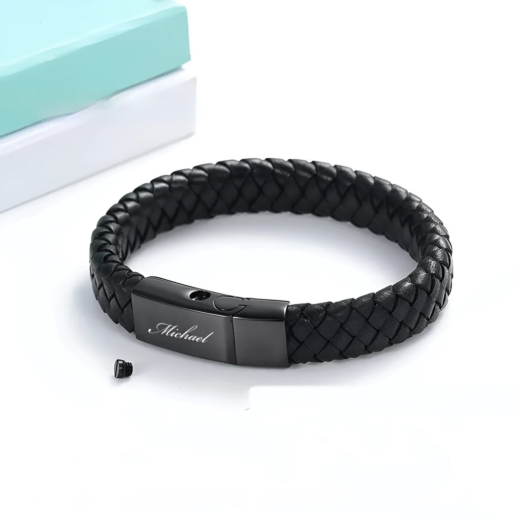 Black leather and stainless steel casket bracelet for memorial ashes with personalised engraving