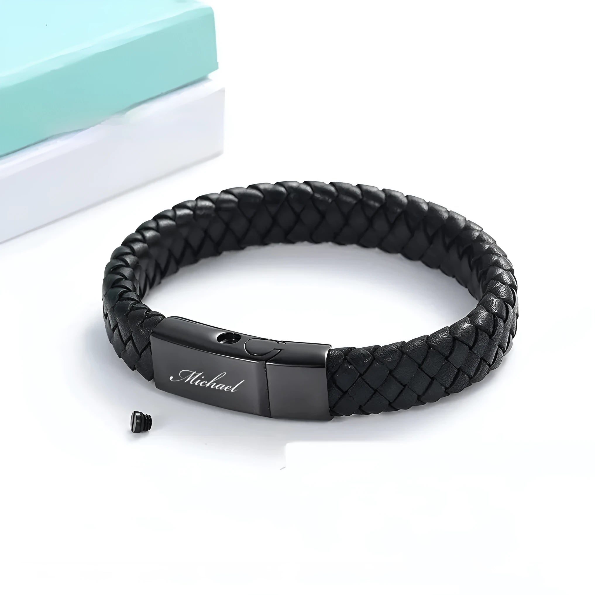 Black leather and stainless steel casket bracelet for memorial ashes with personalised engraving