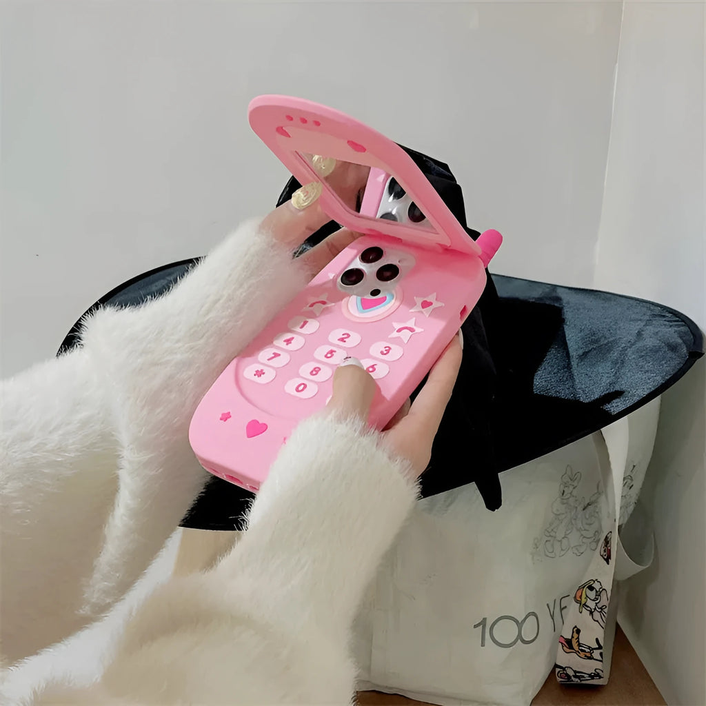 Light pink silicone flip phone shape mirror case for iPhone with anti-fall protection