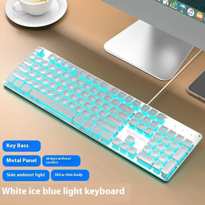 Wired computer keyboard with mute button and blue backlighting on a desk