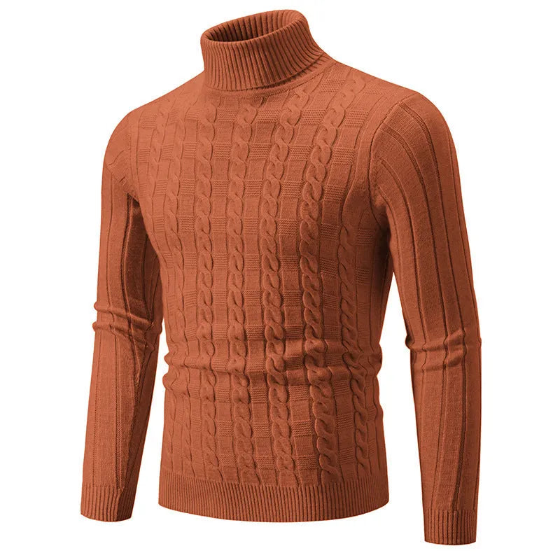 Man wearing a slim fit beige chenille turtleneck pullover sweater
