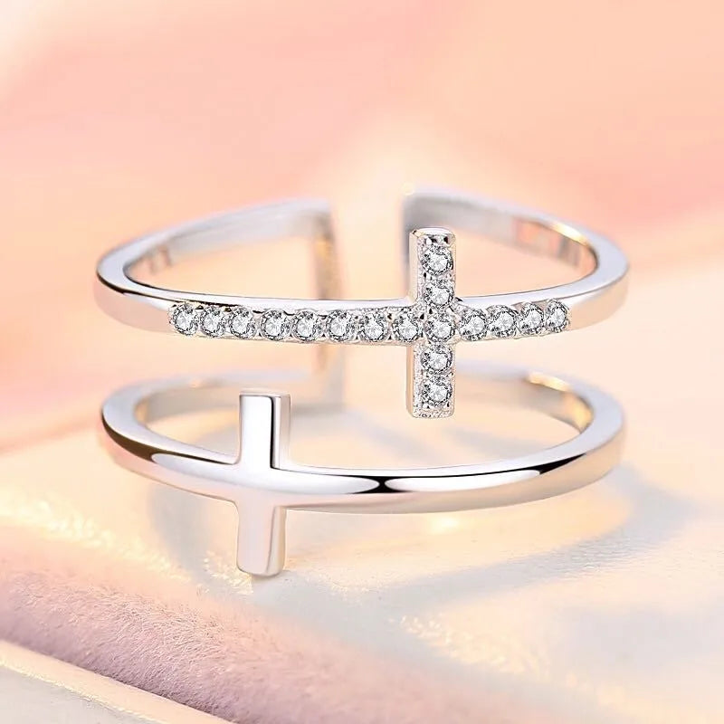 Double cross geometric copper ring with zircon inlay and adjustable open design