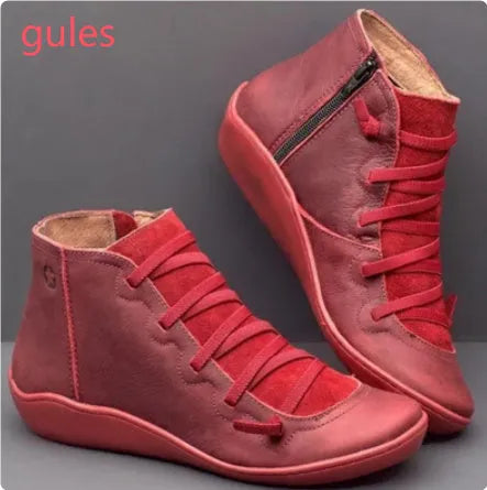 Women's flat casual booties with wedge heel and round toe in multiple colour options.