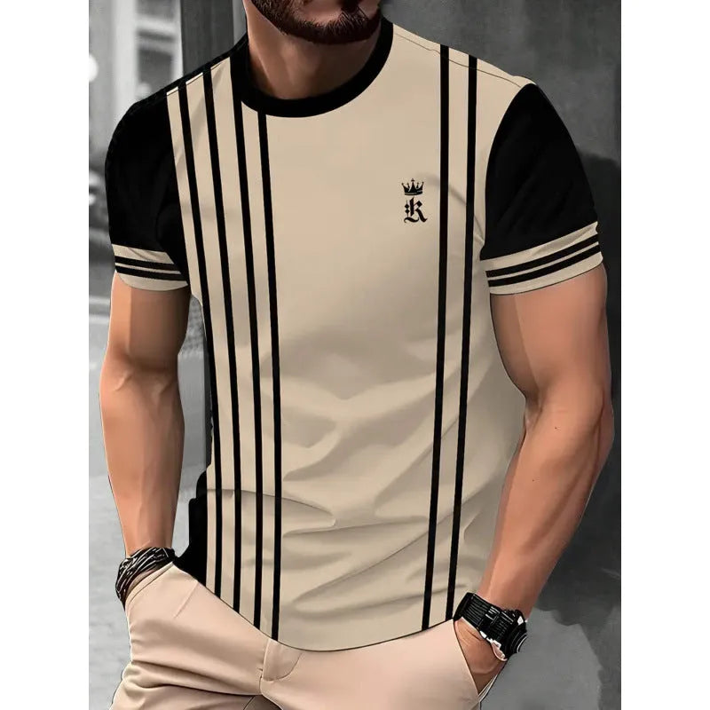 Man wearing a loose-fit short-sleeved T-shirt with a digital 3D printed stripe pattern in a casual setting.