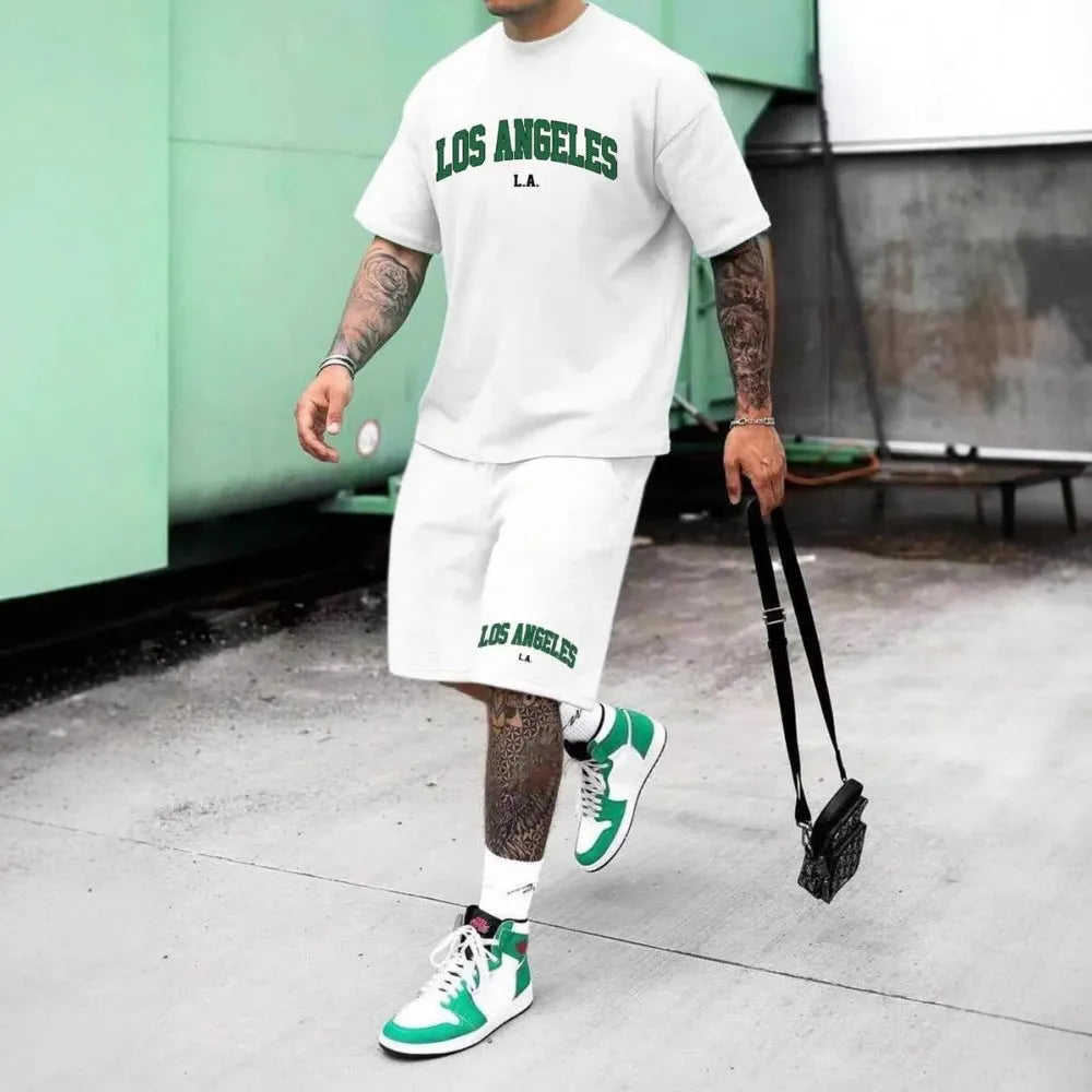 Men's 3D printed letter graphic sportswear set with short sleeve top and matching shorts
