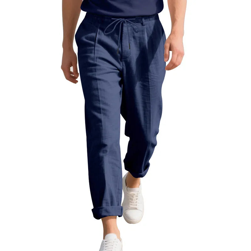 Men's straight leg linen trousers with drawstring waist in light khaki colour