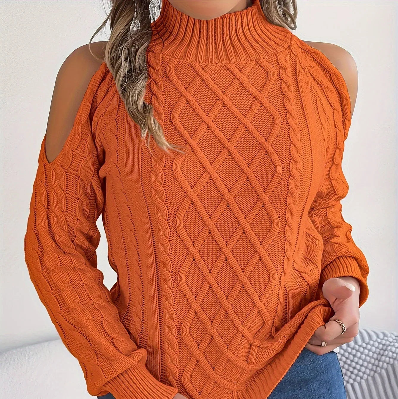 Women's twisted pattern strapless half-high collar sweater with lantern sleeves