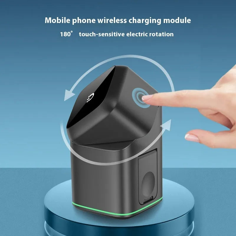 Black magnetic wireless charging stand rotating phone showing Type-C cable connection