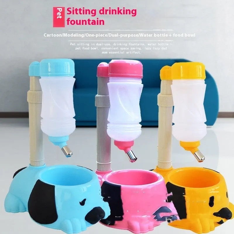 Adjustable rod lifting pet drinking bowl in blue colour showing height mechanism