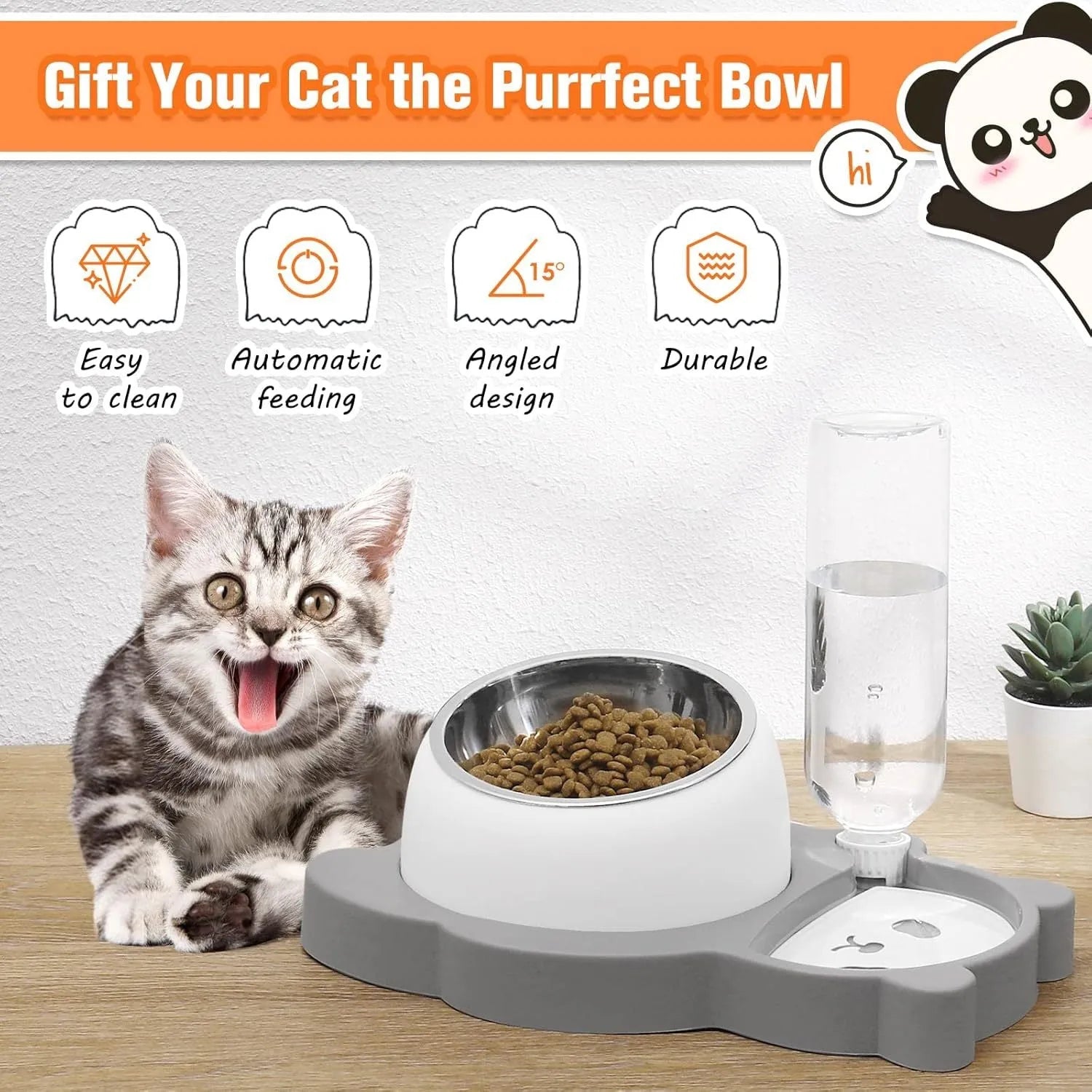 Grey elevated pet feeder with tilted stainless steel bowls and a panda-shaped automatic water bottle for cats and small dogs.