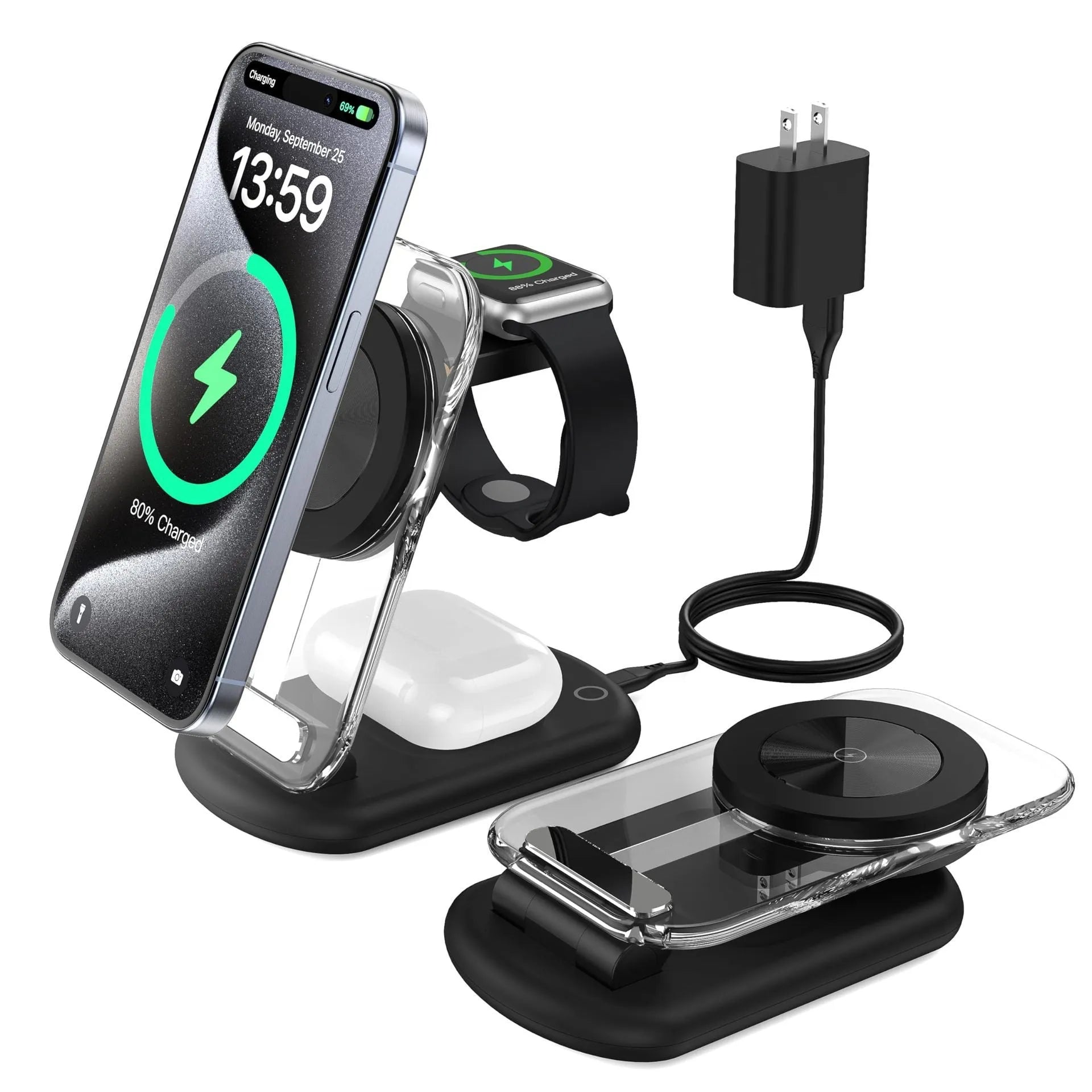 Transparent folding magnetic three-in-one wireless charger for iPhone, AirPods and Apple Watch