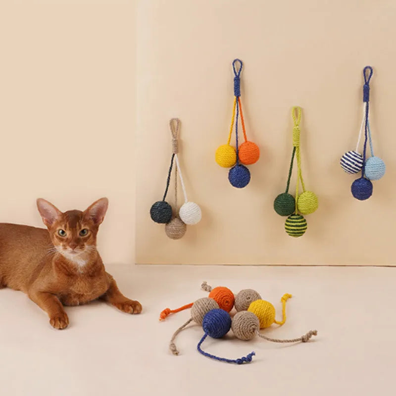 Interactive cat teaser stick toy set with fishing rod handle and four different toy attachments including catnip balls