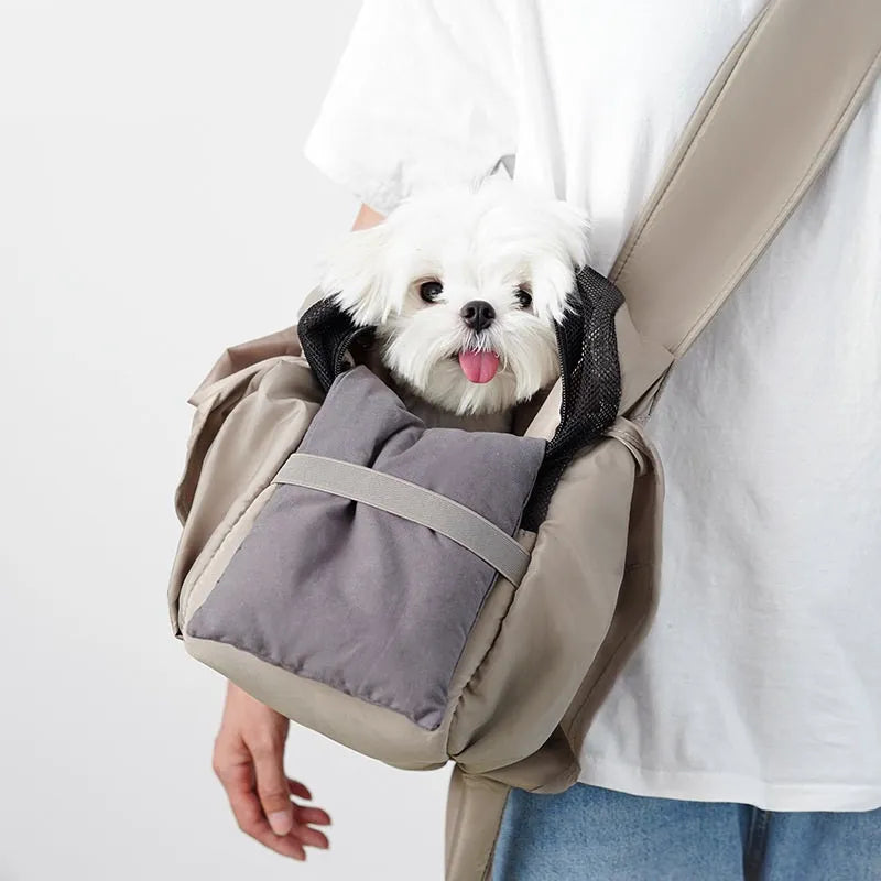 Apricot cloth pet handbag carrier with dimensions 41x16x28cm for small animal transport