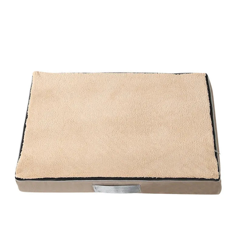 Brown removable washable memory sponge dog mat for pets showing size options.