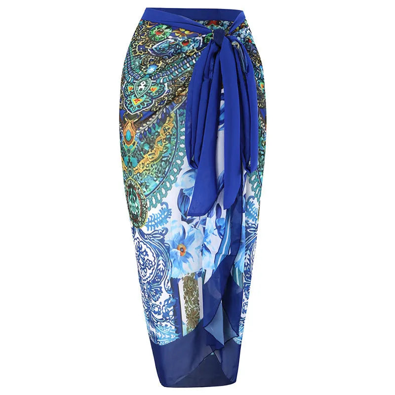 Women's blue printed one-piece swimsuit with matching gauze skirt set