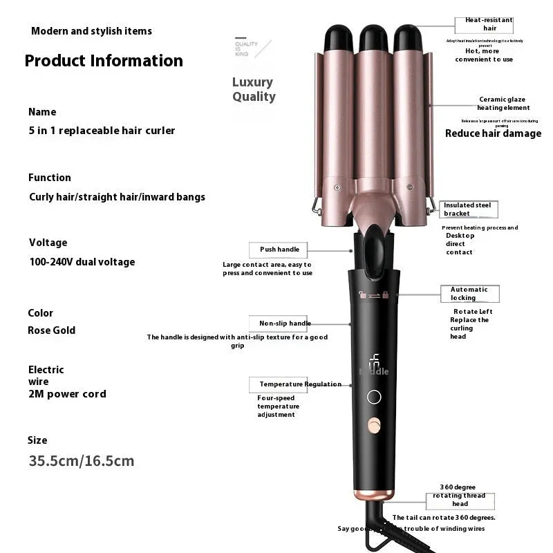 Rose gold hair curler with LCD display and multiple interchangeable tubes on a colour box, with protective gloves.