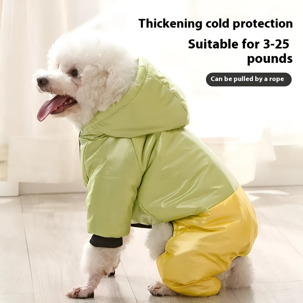 Dog wearing green four-legged cotton-padded waterproof windproof coat