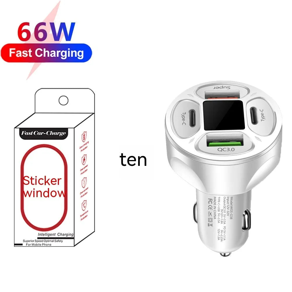 66W car charger with digital display showing 2 USB ports and 2 Type-C ports for vehicle charging