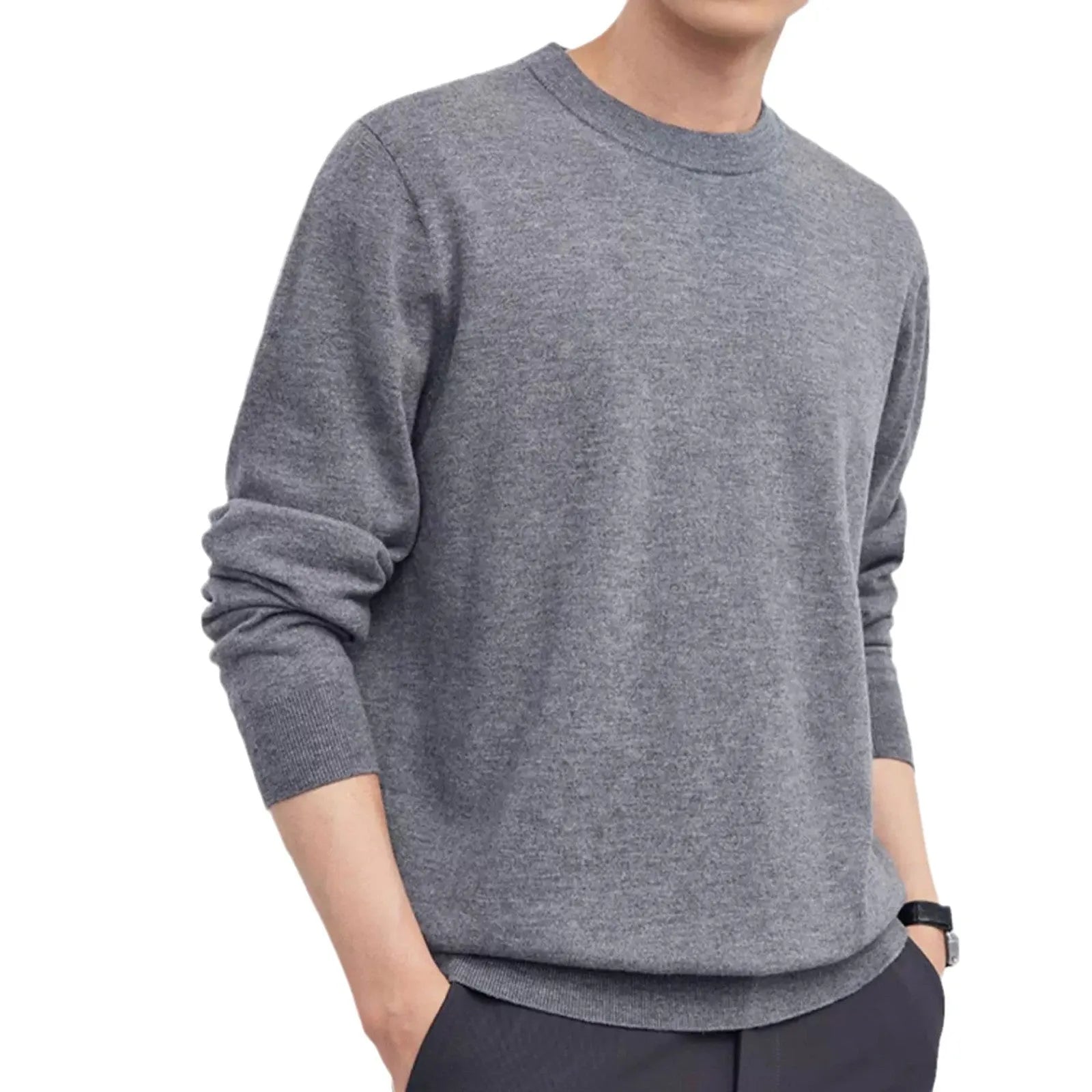 Men's regular fit wool pullover sweater in light grey, shown on a model.