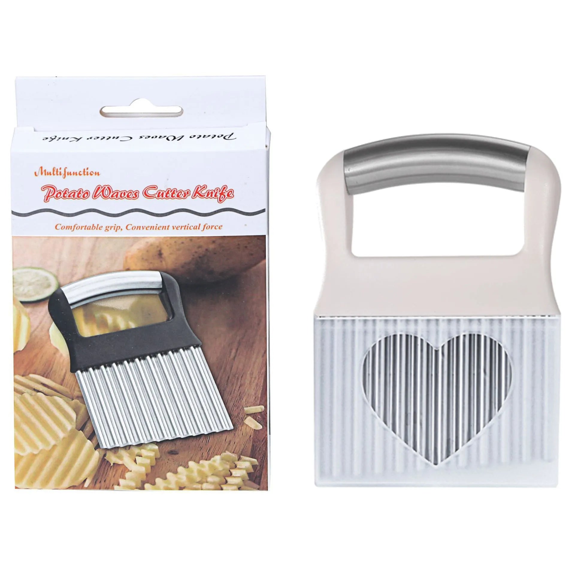 Stainless steel potato wave knife with serrated blade on a kitchen counter.