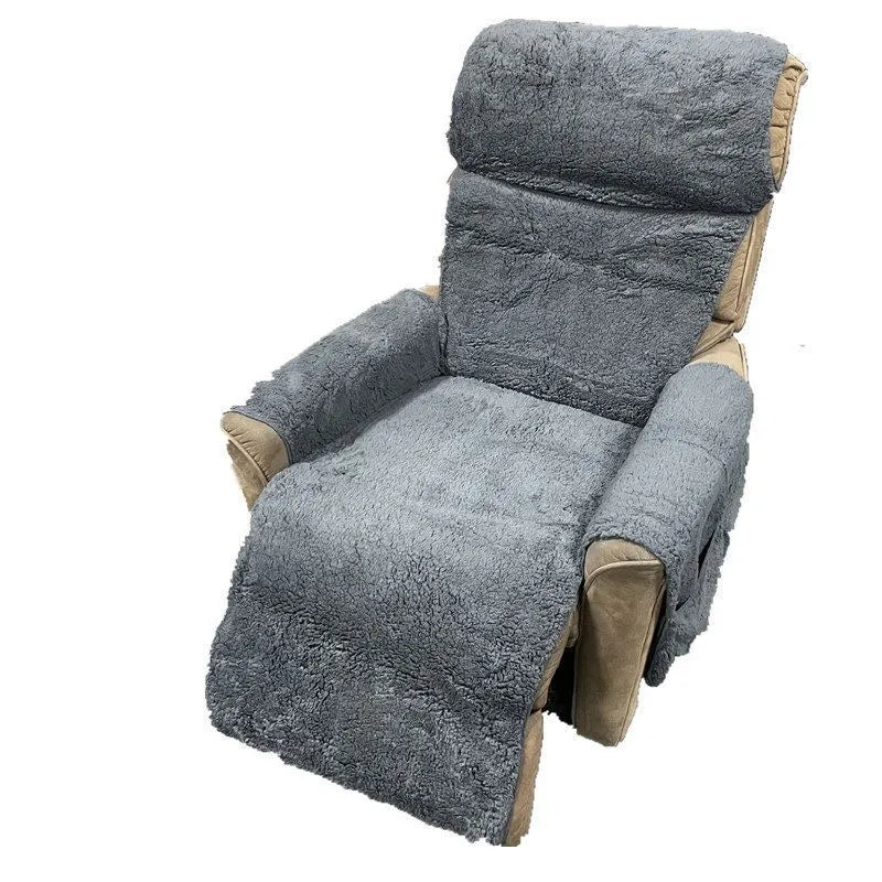 Universal sofa cushion slipcover in lamb wool finish colours including brown, dark grey, red, and beige.