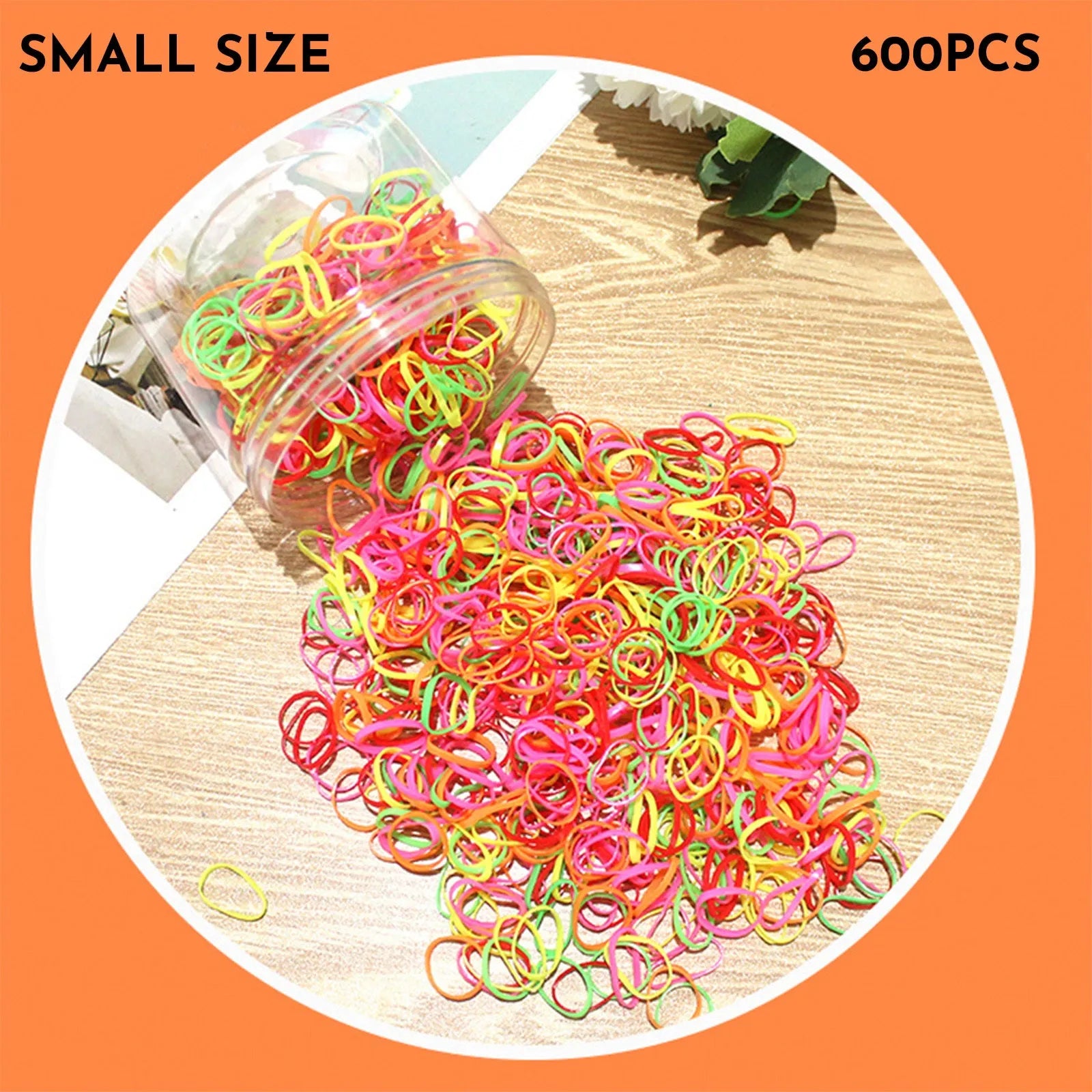 Assortment of colourful thin TPU baby hair ties in a clear reusable plastic container.