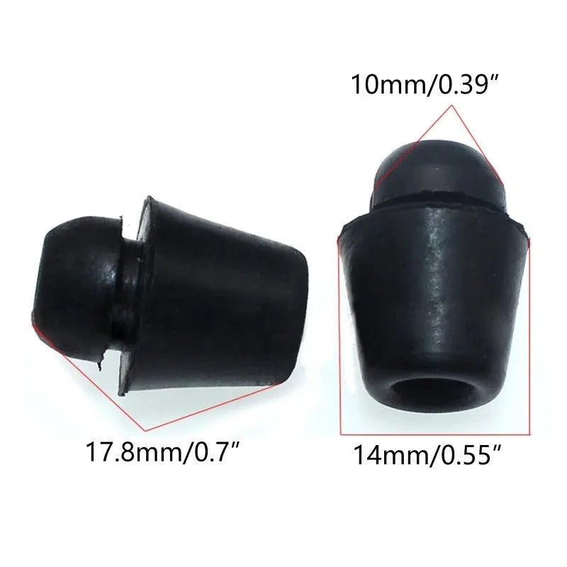 Ten black rubber automobile buckle clips for shock absorption, arranged on a white background.