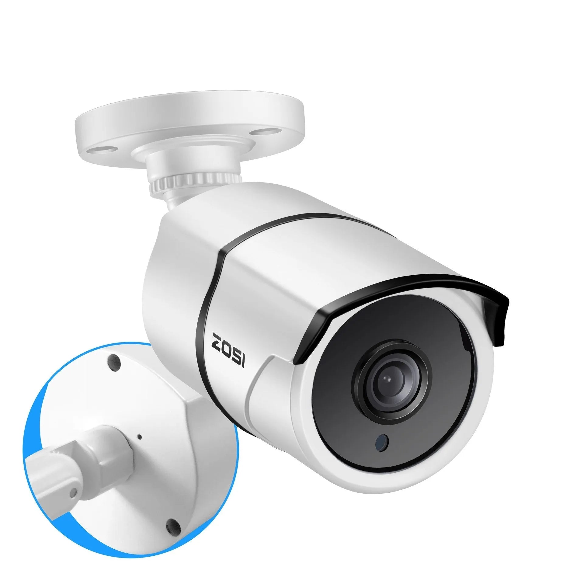 ZOSI 5MP POE security camera system with outdoor cameras and NVR recorder featuring 360-degree or fixed lens options and hard drive storage.